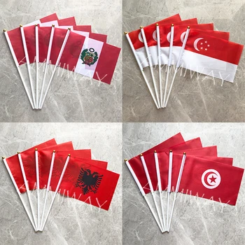 14x21cm 5шт Перу Сингапур Албания Тунис Малко знаме от полиестер, размахивающие ръце знамена и банери с пластмасови флагштоками на едро