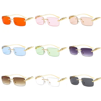1БР ретро правоъгълни слънчеви очила без рамки Cheetah, Дамски модни слънчеви очила, мъжки очила с UV400, летни улични очила