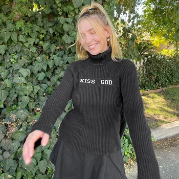 2020, есен-зима, нов вязаный пуловер с висока воротом и писмото принтом, пуловер с дълъг ръкав, Дамски ежедневни свободна секси връхни дрехи, черен топ