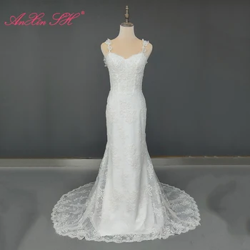 AnXin SH, винтажное бяло дантелено сватбена рокля русалка в ретро стил, старинна булчинската рокля на булката на тънки спагети презрамки с малък цветочком