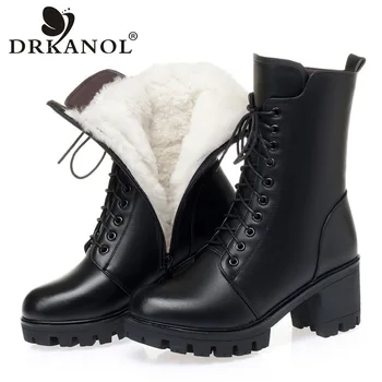 DRKANOL Топли обувки от 100% естествена вълна, дамски ботуши от естествена кожа на висок ток до средата на прасците, мотоциклетни ботуши на масивна платформа и дебел ток