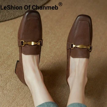 LeShion Of Chanmeb / Дамски обувки-лодка от естествена кожа, Лоферы, Луксозни Обувки на среден ток с метална верига, Черни Офис Женски Обувки без Закопчалка