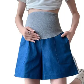 M-4XL Дънкови панталони за бременни с Голям джоб, Висока талия, модерни дънки за бременни с корем, Широки къси панталони за бременни