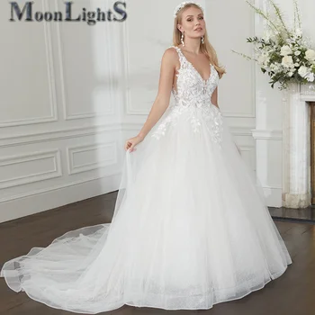 MoonlightShadow Прости Дамска Дълга Рокля С V-образно деколте И с Влак, Модерна Риза Без Ръкави, Вечерни Сватбени Персонализирани Сватбена рокля