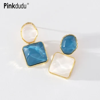 Pinkdudu Романтични асиметрични обеци-капки с водна ромолящи, модни синьо-бели обеци-игли от сребро 925 проба от смола за жени PD1168