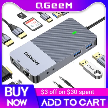 QGeeM Докинг станция USB хъб 3.0 в Троен Дисплей, Dual HDMI, VGA USB Адаптер Сплитер за Преносими компютри Xiaomi USB3.0 Hub Аксесоари за КОМПЮТРИ