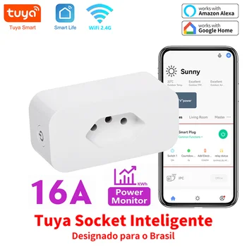 TY002 Sasha 16A Бразилски Стандарт WiFi Smart Plug с Монитор Хранене Smart Life APP Умен Изход Гласова Работа за Google Home Алекса
