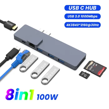 USB-ХЪБ C ХЪБ съвместим с HDMI адаптер 8 в 1 C USB към док-станция, USB 3.0 за MacBook Pro, Аксесоари Type C 3.1, сплитер C USB ХЪБ