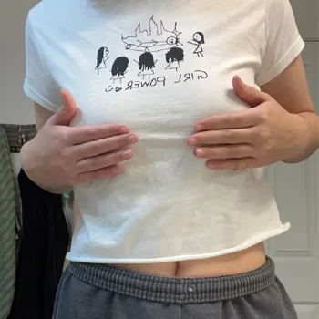 Y2K kawaii graphics/ Детска тениска, Летни Съкратен Блузи за момичета в стил емо, Тънки, 2000-те, страхотна гръндж, естетичен, Harajuku, Готически, Сладка Тениска с къс ръкав