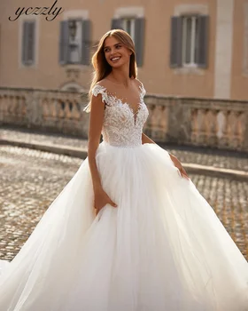 Yczzly Бална рокля, бельо сватбена рокля, Иллюзионные Копчета, Перли Сватбена рокля С Дълги ръкави от тюл, Vestidos De Новия YW159