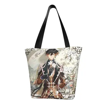 Zhongli Genshin Impact, чанти-тоут за пазаруване, дамски парусиновая чанта за пазаруване в стил аниме Kawaii, чанти голям капацитет