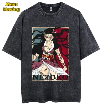Аниме Demon Slayer Nezuko Графична Тениска за Мъже И Жени, Тениски от Промит Памук в Ретро стил, Блузи, Ежедневни Свободна Тениска Harajuku, Градинска Облекло