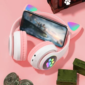 Безжични слушалки RGB с кошачьими уши, съвместими с Bluetooth 5.0, слушалки с активно шумопотискане, режийни слушалки, Hands Free, 400 mah