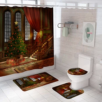 Весела Коледа, Завеса За душа в Банята, Коледно дърво, 3D Завеси За Баня, Капака на Тоалетната чиния, Подложка, Нескользящий мат, Празничен декор
