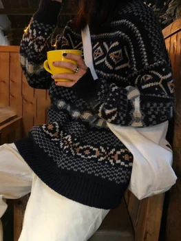 Вязаный пуловер, женски жаккардовый пуловер, женски casual есен-зима ретро жилетка, Свободна горна дреха, корейски жена топ Sueter Mujer