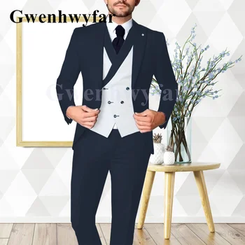 Гвенвифар 2022, Нов Мъжки Оборудвана костюм с Отворотами, Модерен Яке, Сватбен Смокинг за Младоженеца, Син Смокинг от 3 теми