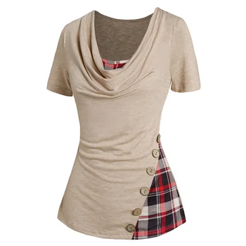 Дамски ежедневни блузи с принтом в вересковую клетка за лятото, ежедневни дамски дрехи, тениска с качулка и драпировкой копчета с къс ръкав