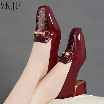 Дамски обувки на среден ток, удобни дамски обувки с квадратни пръсти на блок ток, ново 2023, есенна универсална работна обувки с дълбоко деколте