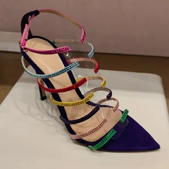 Дамски сандали от PVC с разноцветни кристали и джапанки на щиколотках Дамски обувки Zapatos Mujer Runway на висок ток с остър пръсти Sandalias Femininas