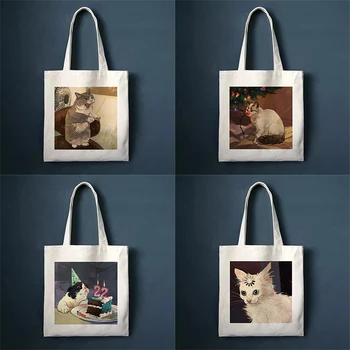 Дамски чанта за пазаруване с сладък котка, холщовая чанта-тоут Harajuku, Множество ежедневна чанта с голям Капацитет Kawaii