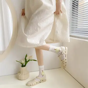 Жените чорапи сладки бели мрежести тънки памучни чорапи с выдолбленными женските чорапи със средна дължина