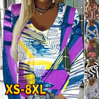 Женска тениска на райета с абстрактна живопис, мозайка шиене, цветен принт, градинска дрехи, ежедневни облекла почивен ден, V-образно деколте, дълъг ръкав, базовият модел XS-8XL