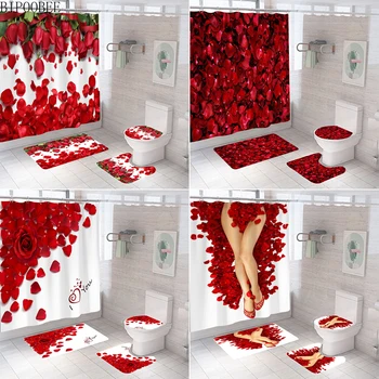 Завеса за душ с принтом от листенца от червени Рози, Празнична Украса, Висококачествени Пердета за баня с цветя модел, Комплект постелки за баня