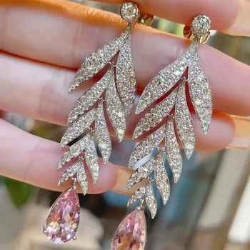 Изискани обеци-капки с розов диамантен пръстен и цирконии, дамски елегантни сватбени декорации за годеж