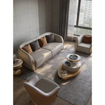Италиански лесен луксозен диван от вносни телешка кожа първия слой луксозна всекидневна висок клас, голям апартамент, проста постмодернистская кожа, така че