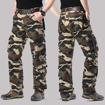 Камуфлированные панталони-карго, мъжки бойни военни тела, прави тактически панталони, широки ежедневни памучни работни панталони с много джобове за мъже
