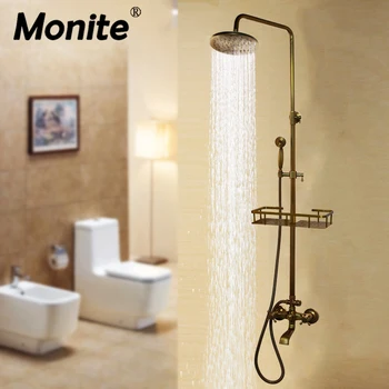 Комплект за душ Monite от антични месинг за баня с ръчен кръгла душ кабина, смесителни батерии за душ с двойна дръжка, Комбинация за баня