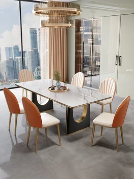 Лесен луксозна маса за хранене и комбинация от стола, правоъгълен модерен минималистичен маса за хранене с творческата каменна дъска