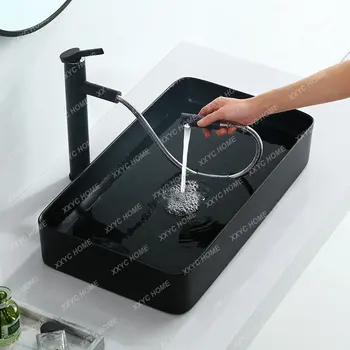 Мивки за баня, Керамичен умивалник квадратен черен Лесен домакински художествен мивка в европейски стил Мебели за баня