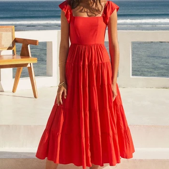 Модно лятна рокля с ръкави-рюшами с цип, еластично плиссированное рокля с висока талия, однотонное ежедневното плажна рокля за почивка 26235