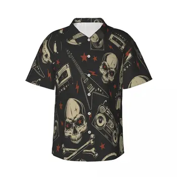 Мъжка риза с къс ръкав, ризи с музикалната электрогитарой и кассетой под формата на черепа, Тениски, поло, потници