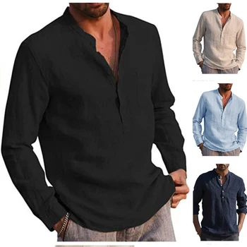 Мъжки свободна риза голям размер 3XL, бизнес и ежедневни облекла за пътуване до работа, однотонная бельо блуза с дълъг ръкав и V-образно деколте, плажна ветровка