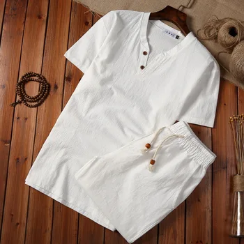 Ново записване, мъжка тениска от памук и лен с къс ръкав + Шорти, комплект от 2 теми, однотонная тениска + Шорти, Домашни костюми, мъжки M-5XL TZ002
