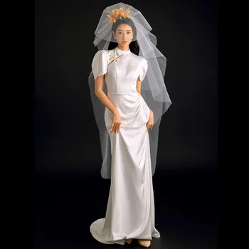 Ново сватбена рокля в китайски стил, с къси ръкави и влак От бял сатен, просто винтажное рокля на булката, Уникални рокли robe mariée
