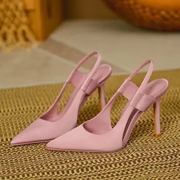 Новост есента 2022 г., сатен дамски обувки на висок ток с остър пръсти и пет цветове по желание, елегантни дамски сандали дантела