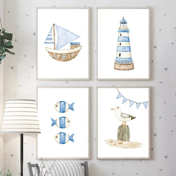 Платноходка, Фар, Рибки, морски плакати и щампи за детска стая, живопис върху платно, стенни рисунки в скандинавски стил, домашен декор за детска стая