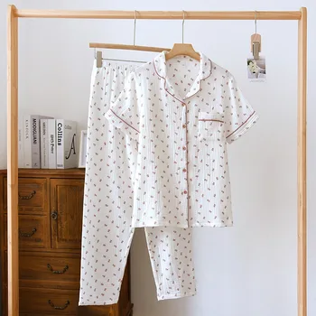 Пролетно-лятна Нова дамска пижама с къси ръкави + панталони, Комплект от две части, Домашна пижама от 100% памук крепа Mujer