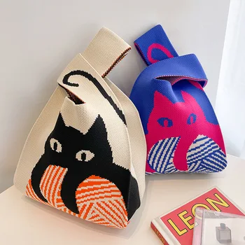 Ретро контрастен цвят котешки възел на китката, вязаная чанта ръчна изработка, мини Преносим японската ежедневна чанта-тоут на торби за Многократна употреба за пазаруване