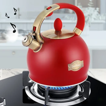 Ретро Червен газова кана с открит огън от неръждаема стомана 304, индукционная готварска печка, чайник с свистком, 3Л, Чайници с голям капацитет за варене на вода