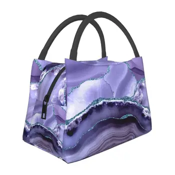Русалка лилаво, блестящ ахат и мраморни чанта за обяд с изолация за къмпинг, текстура за пътуване, преносим охладител, термален обяд-бокс
