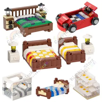Серия мебели за дома Модел легло градивните елементи на Едно легло Двуетажно легло Нощно шкафче MOC Украса на стаята Монтаж на тухли Играчки за деца
