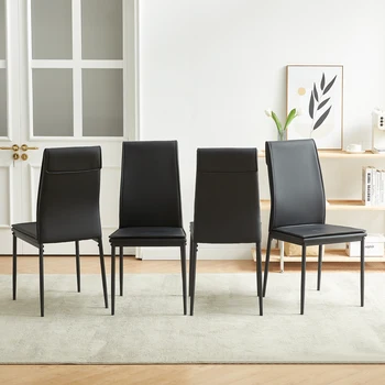 [Спешна разпродажба] 2-Слойна Кожени Трапезни столове, Комплект от 4 черно-сиви модерни кухненски столове с метална струпясване [US-W]