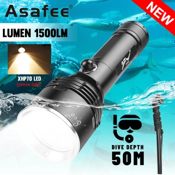 Фенерче Asafee D617 жълт цвят, мощна 1500ЛМ led лампа XHP70, обхват на действие 300 м, водоустойчив фенер за гмуркане IPX8