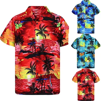 Хавайски мъжки ризи с принтом кокосовата палма копчета Хавайски плаж Къс ръкав Външен джоб Бързосъхнеща блуза, Риза за почивка Camisa