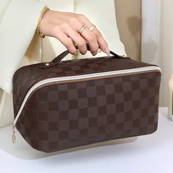Чанта за гаргара от изкуствена кожа за пътуване на едро, висококачествен външен вид, грим в шахматна дъска модел, преносима голям капацитет