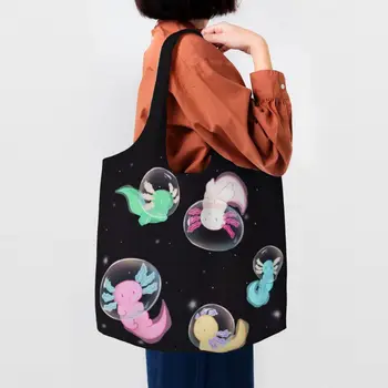 Чанта за пазаруване с аксолотлями в космоса, дамски холщовая чанта-тоут, преносим саламандър, чанти за пазаруване с животни